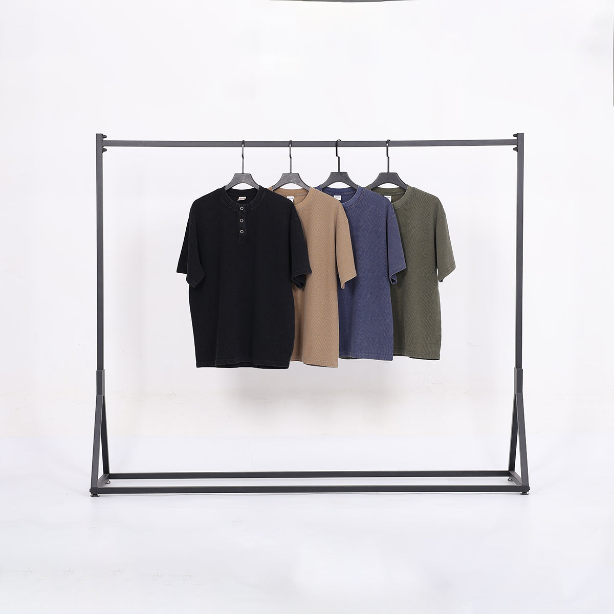 Wholesale 325g Heavyweight Waffle Henley Neck Short-sleeve Batik Washed Vintage Casual T-shirt