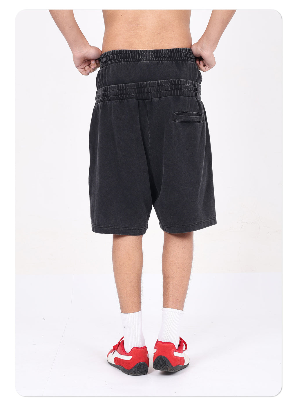 320GSM Men's Vintage Washed Double Waistband Shorts with Snowflake Distressed Finish, Dual Waistband, West Coast Inspired Design