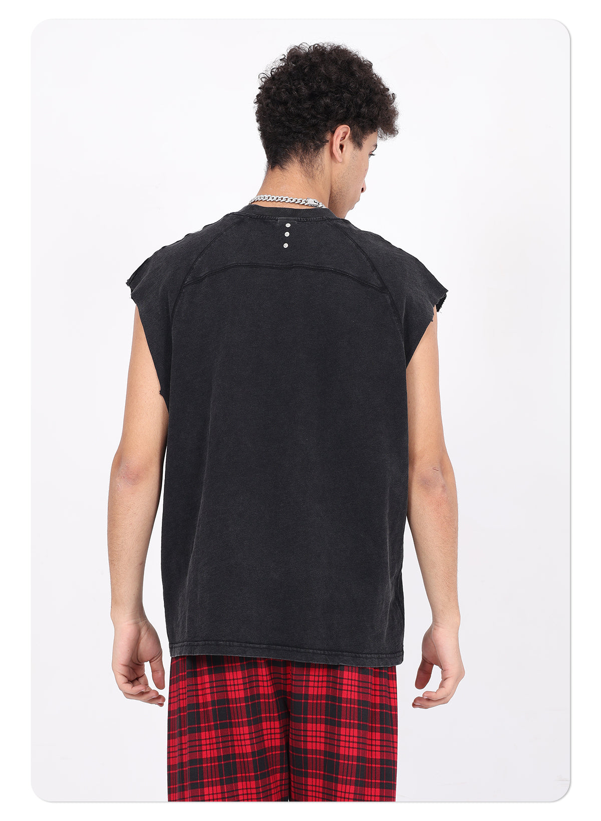 Vintage Washed Bamboo-rib Cotton Vest Raw-edge Sleeve Patched and Stud-embellished Design Chill Vibes Sleeveless T-shirt