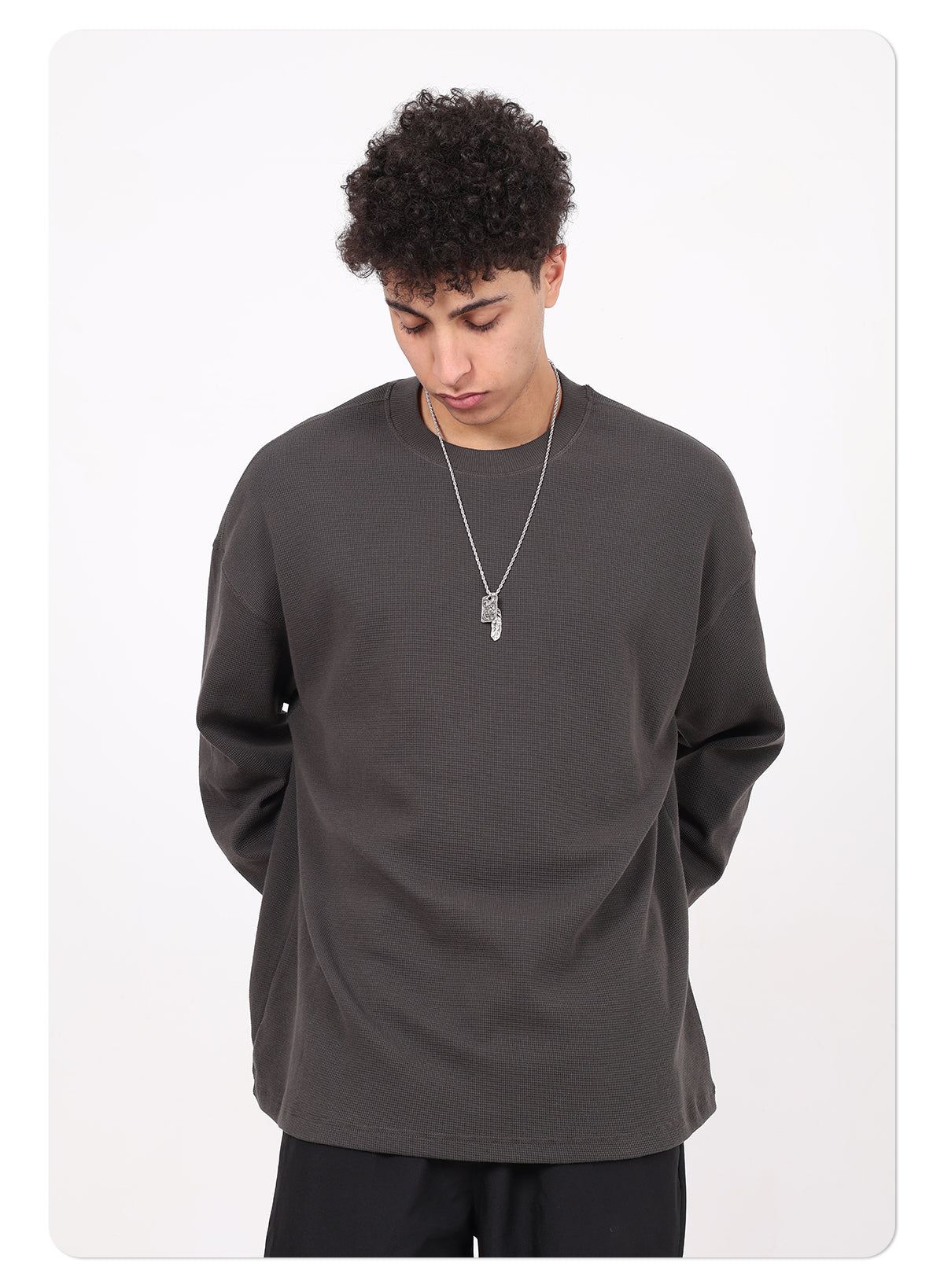 Men's High-Quality Breathable Waffle 330GSM Round-neck Loose-Fitting Casual Long-sleeved T-shirt