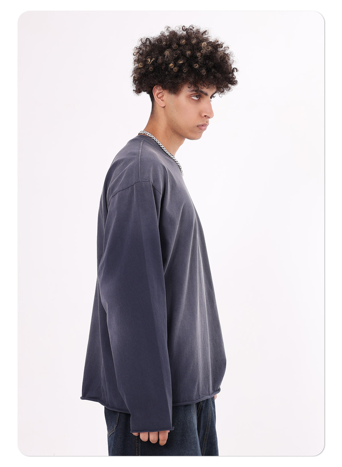 Men's High Street Vintage Oversized T-shirt Wasteland Style Jet Dyeing Autumn Long Sleeve Distressed Raw Hem Solid 100% Knitted Long Sleeve Tshirt