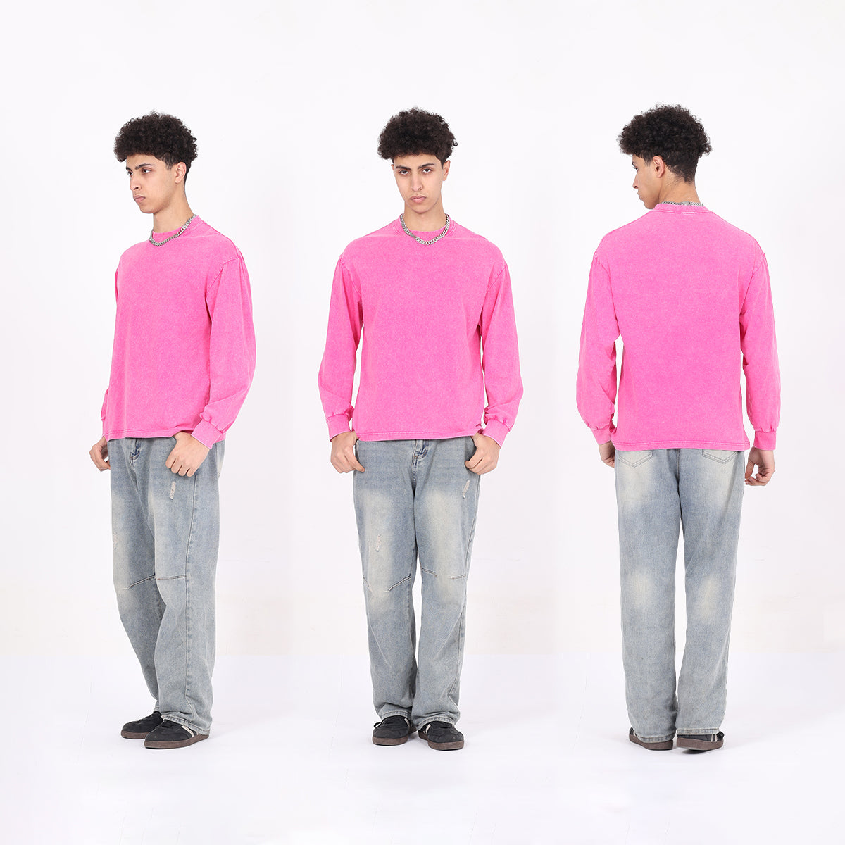 100% cotton, 230g heavyweight vintage distressed washed drop shoulder long-sleeve oversized t-shirt