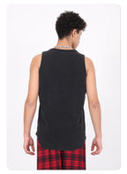 Vintage 325g Waffle U-neck Batik Washed Reverse Topstitching Raw-Edge Hem Sleeveless T-shirt