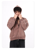 OEM Vintage Zipper-up Hoodie Washed Loose Distressed Boxy-Fit 400GSM Fleece Hooded Sweatshirt Double Zipper Men's Hoodie