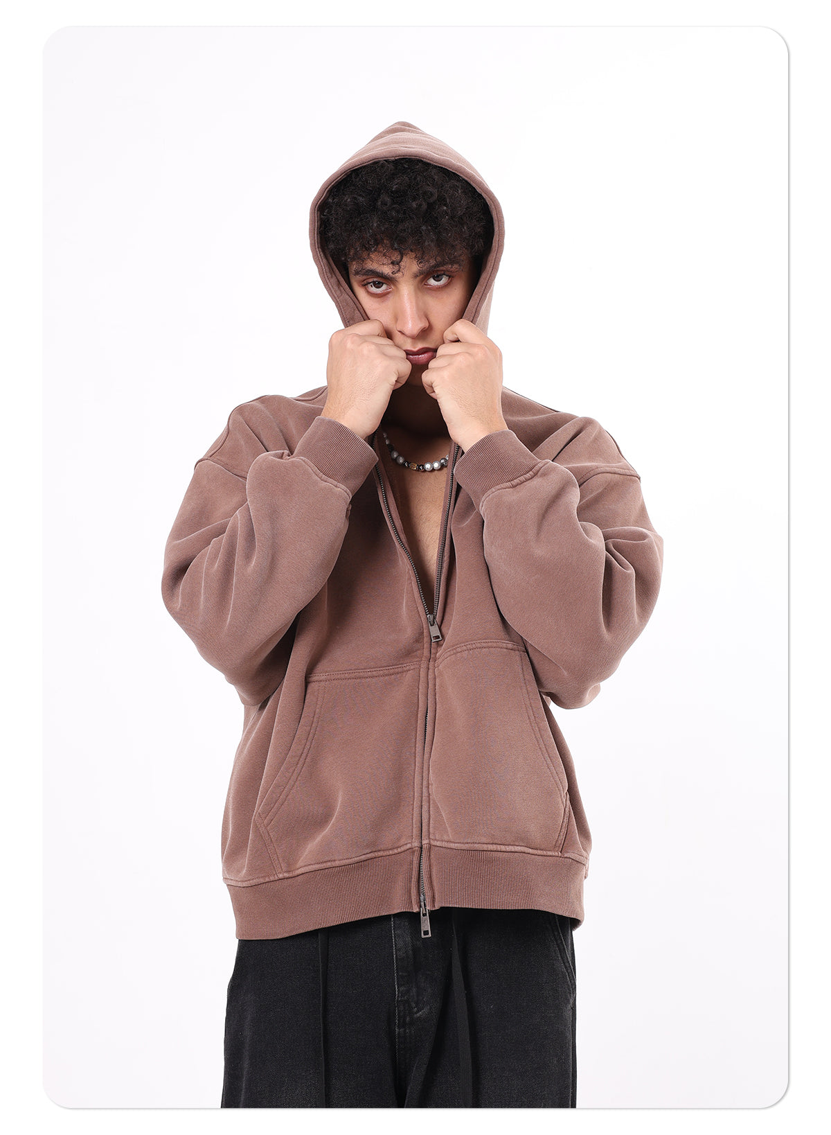 OEM Vintage Zipper-up Hoodie Washed Loose Distressed Boxy-Fit 400GSM Fleece Hooded Sweatshirt Double Zipper Men's Hoodie