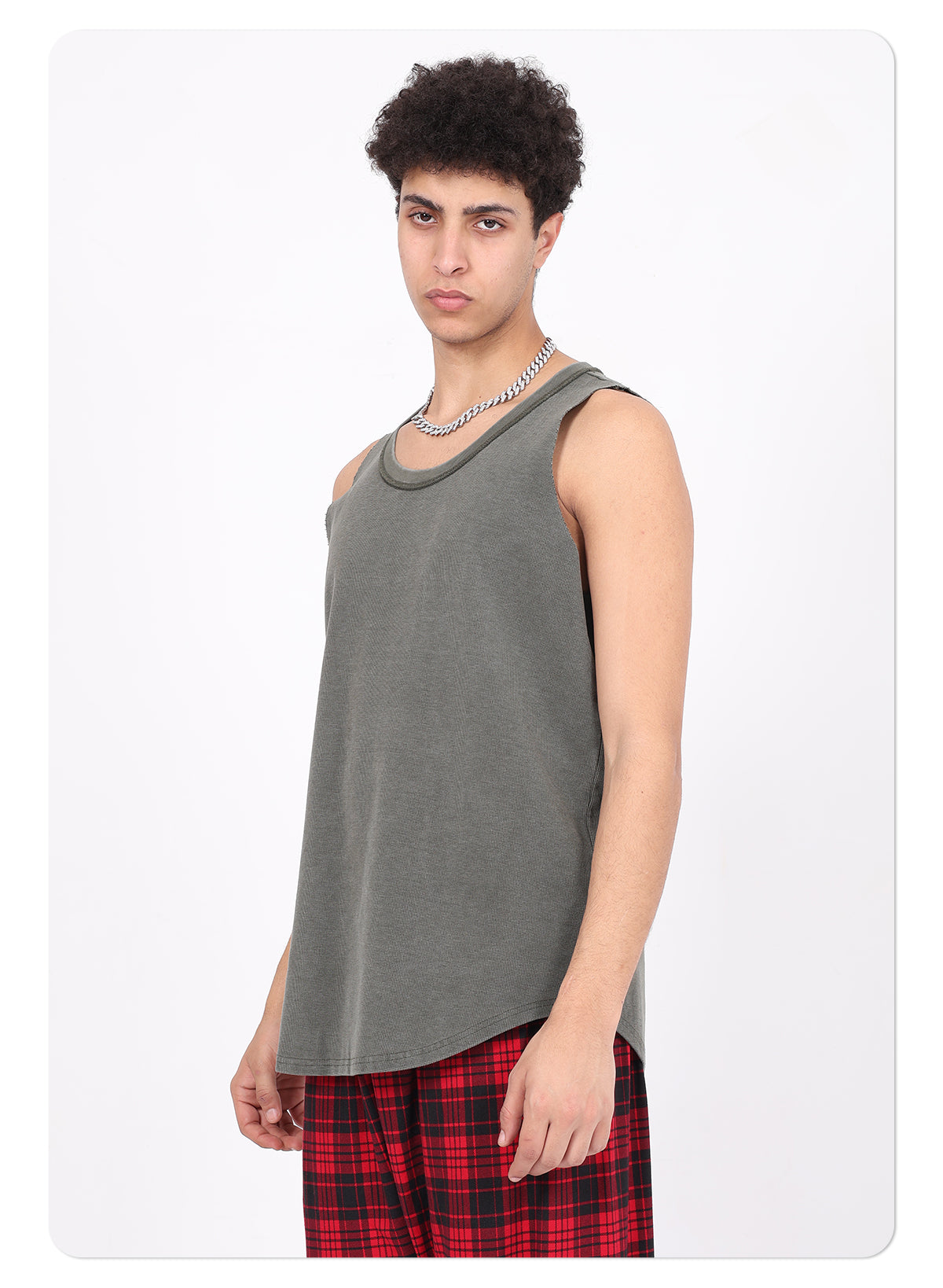 Vintage 325g Waffle U-neck Batik Washed Reverse Topstitching Raw-Edge Hem Sleeveless T-shirt