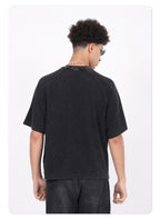 Men's 100% Cotton Vintage Snow Wash Distressed High-Street Boxy Fit Polo-Collar Short-Sleeve T-shirt