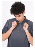Wholesale heavyweight 275g 100% cotton washed vintage spray-stonewashed distressed ripped short-sleeve T-shirt