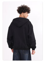 男士复古冬季 385 克重抓绒拉链连帽衫锁针刺绣前开拉链卫衣