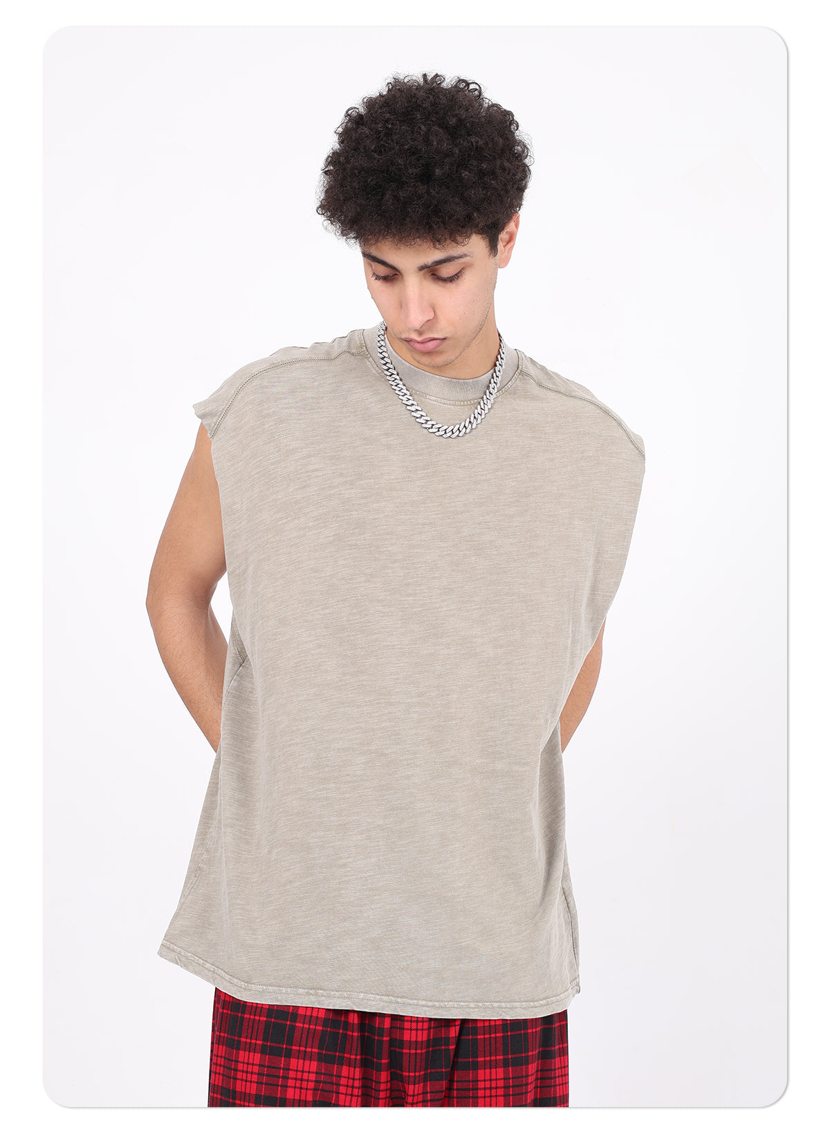Vintage Washed Bamboo-rib Cotton Vest Raw-edge Sleeve Patched and Stud-embellished Design Chill Vibes Sleeveless T-shirt