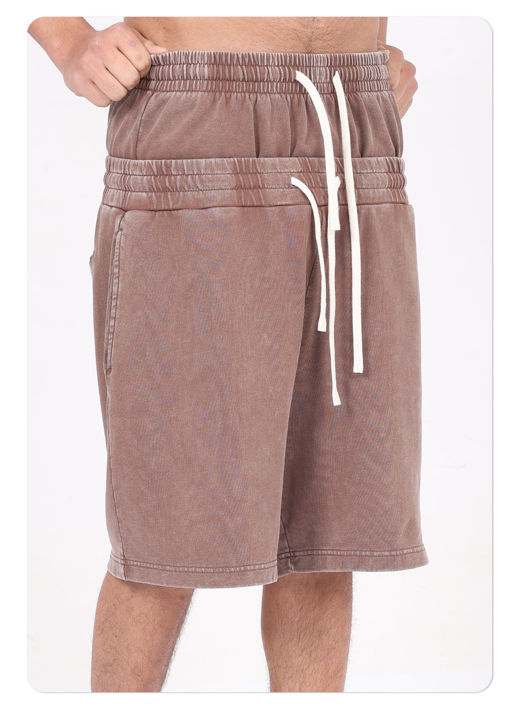 320GSM Men's Vintage Washed Double Waistband Shorts with Snowflake Distressed Finish, Dual Waistband, West Coast Inspired Design