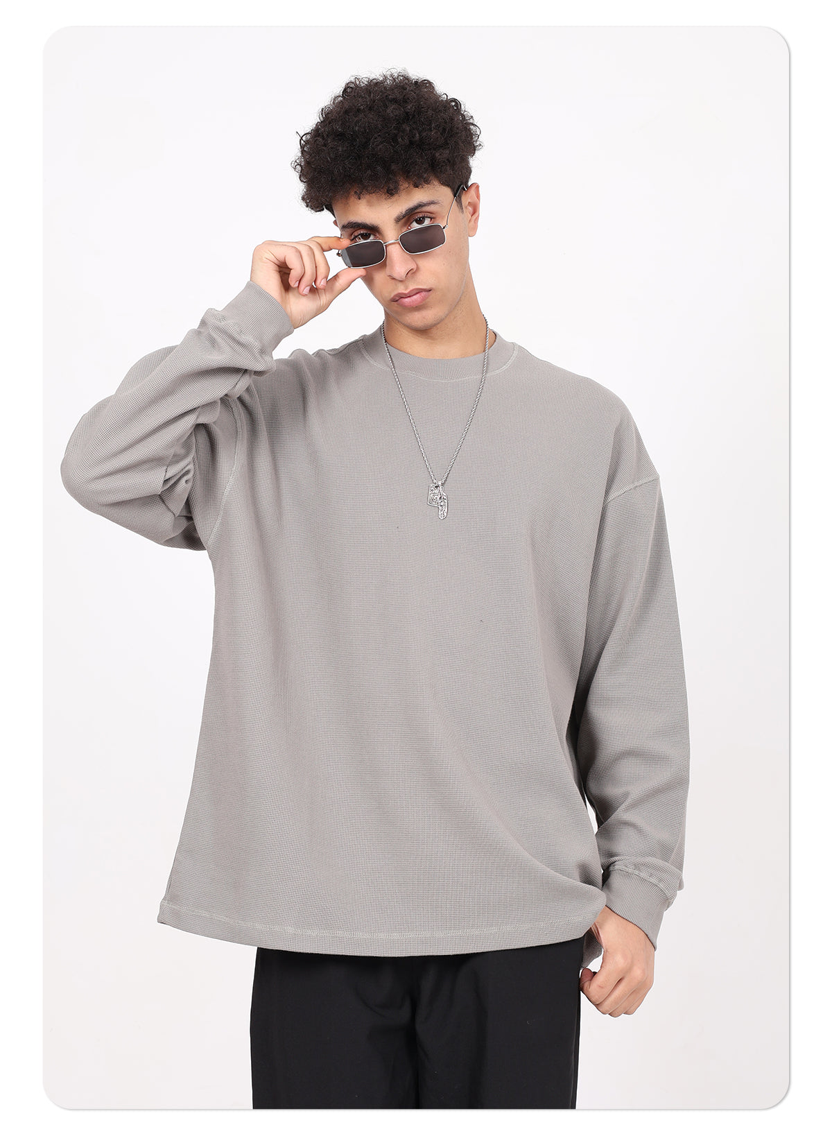 Men's High-Quality Breathable Waffle 330GSM Round-neck Loose-Fitting Casual Long-sleeved T-shirt