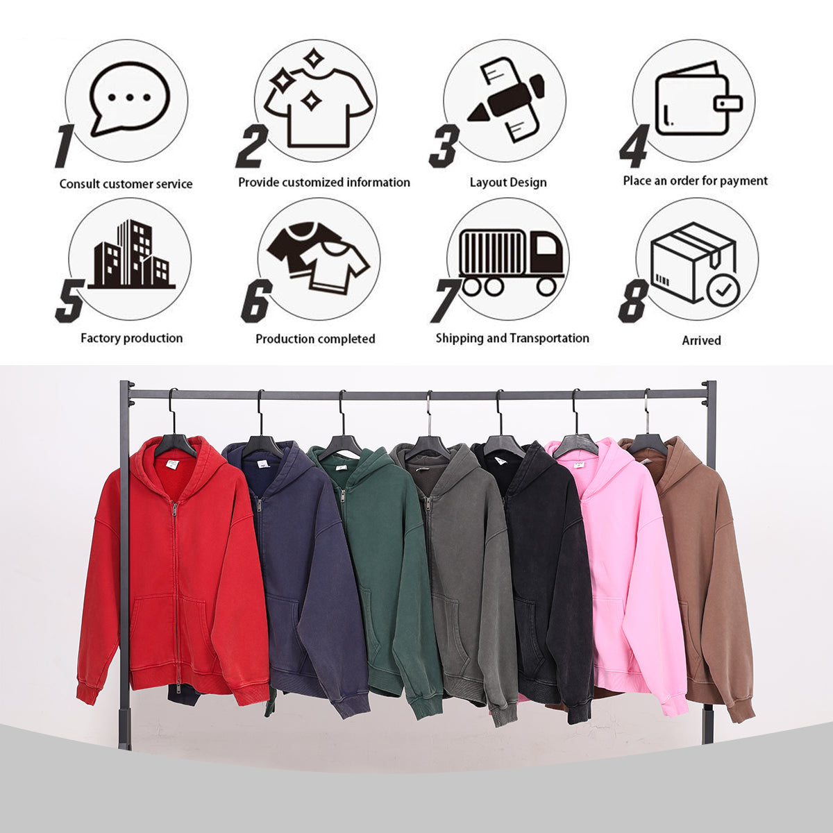 OEM Vintage Zipper-up Hoodie Washed Loose Distressed Boxy-Fit 400GSM Fleece Hooded Sweatshirt Double Zipper Men's Hoodie