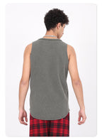 Vintage 325g Waffle U-neck Batik Washed Reverse Topstitching Raw-Edge Hem Sleeveless T-shirt