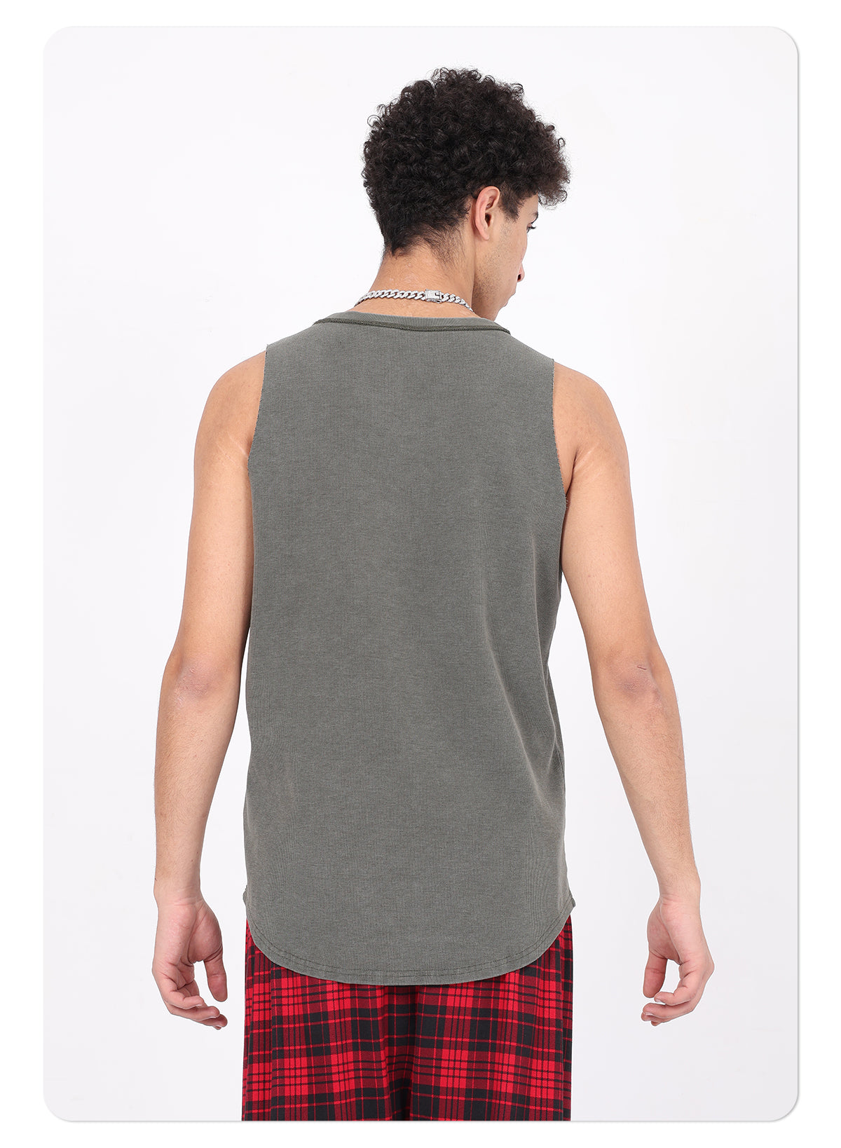 Vintage 325g Waffle U-neck Batik Washed Reverse Topstitching Raw-Edge Hem Sleeveless T-shirt