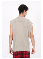 Vintage Washed Bamboo-rib Cotton Vest Raw-edge Sleeve Patched and Stud-embellished Design Chill Vibes Sleeveless T-shirt