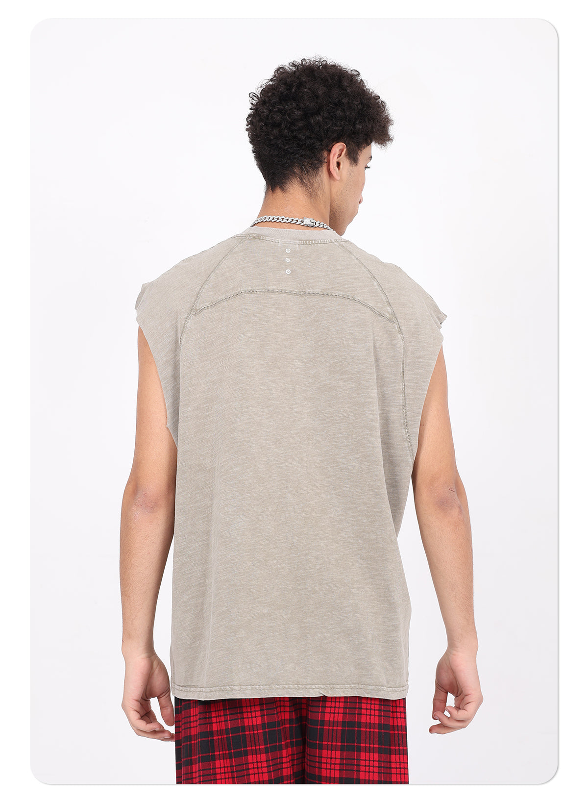 Vintage Washed Bamboo-rib Cotton Vest Raw-edge Sleeve Patched and Stud-embellished Design Chill Vibes Sleeveless T-shirt