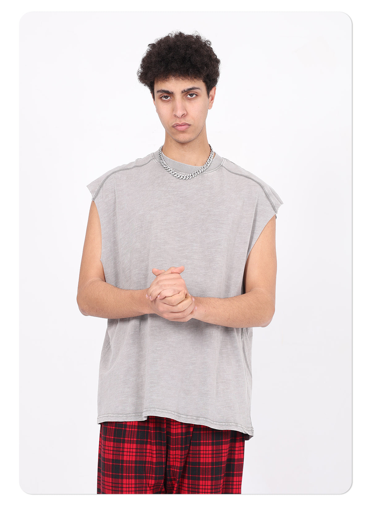 Vintage Washed Bamboo-rib Cotton Vest Raw-edge Sleeve Patched and Stud-embellished Design Chill Vibes Sleeveless T-shirt
