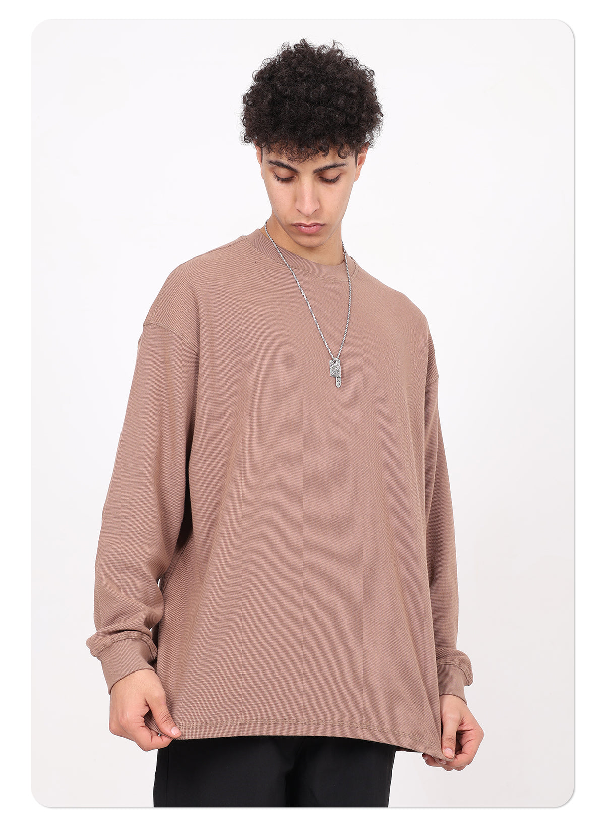 Men's High-Quality Breathable Waffle 330GSM Round-neck Loose-Fitting Casual Long-sleeved T-shirt