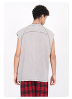 Vintage Washed Bamboo-rib Cotton Vest Raw-edge Sleeve Patched and Stud-embellished Design Chill Vibes Sleeveless T-shirt