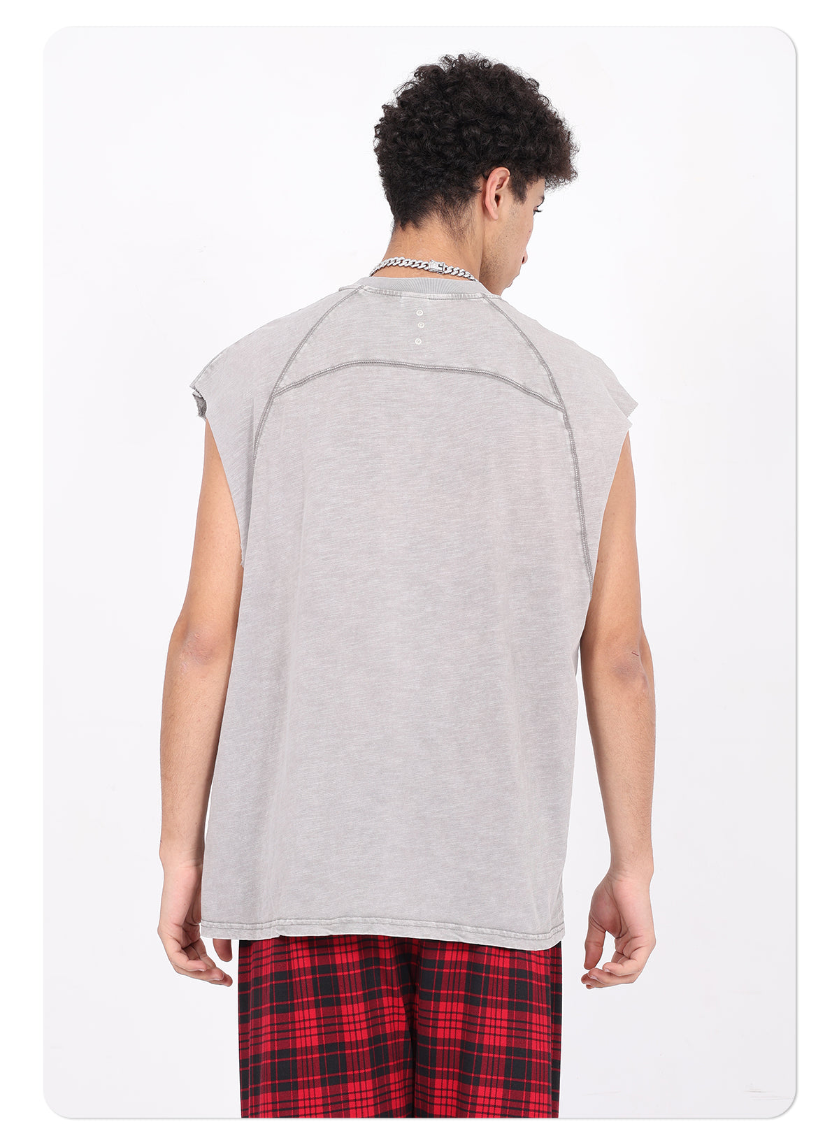 Vintage Washed Bamboo-rib Cotton Vest Raw-edge Sleeve Patched and Stud-embellished Design Chill Vibes Sleeveless T-shirt