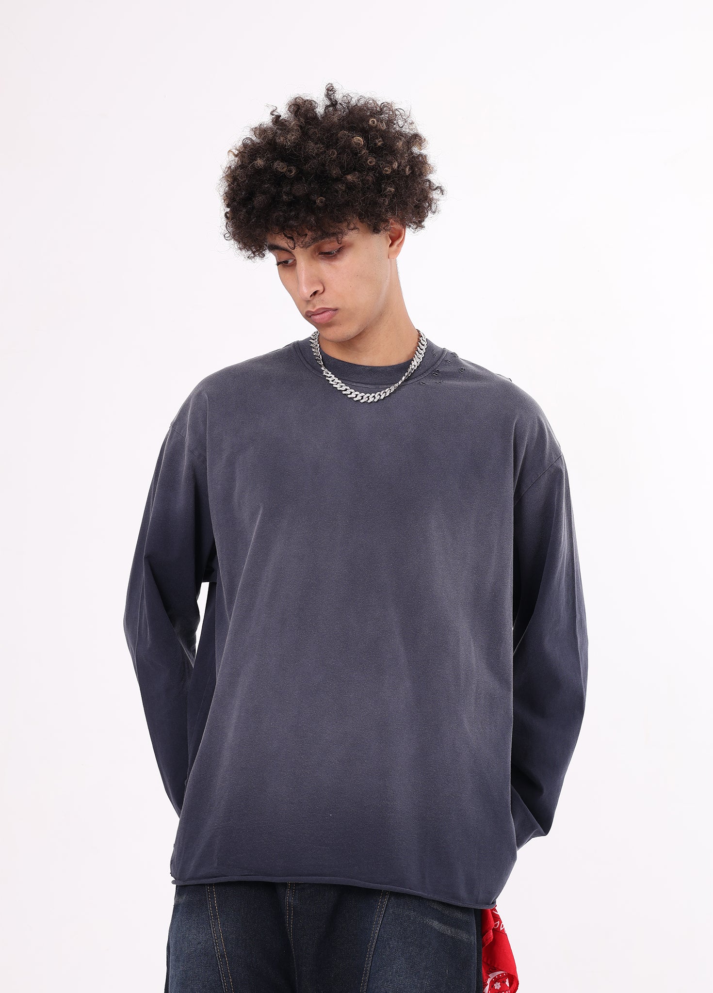 Rolled Raw Hem Long Sleeve Tee