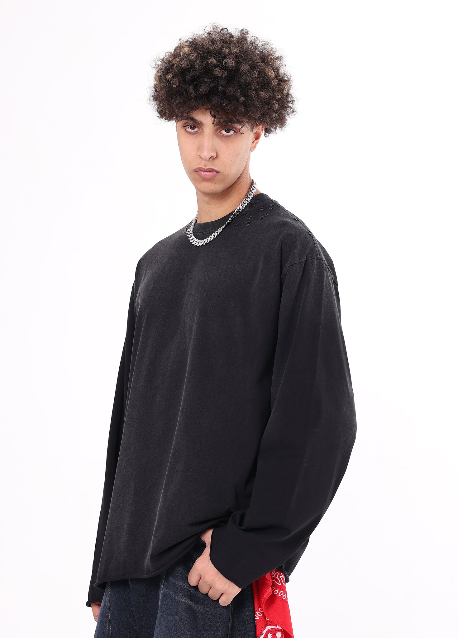 Rolled Raw Hem Long Sleeve Tee