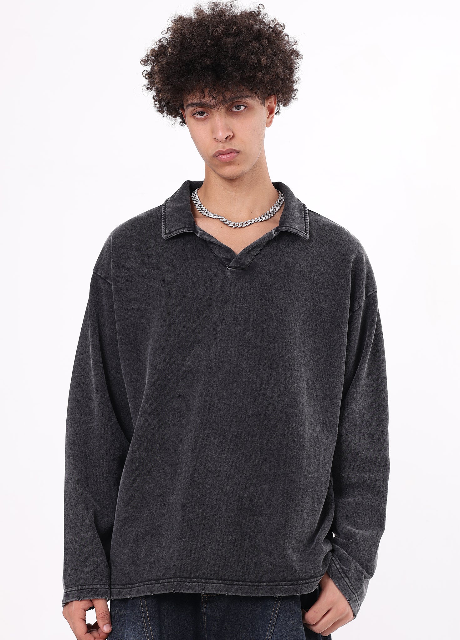 Collar Frayed Long Sleeve Tee