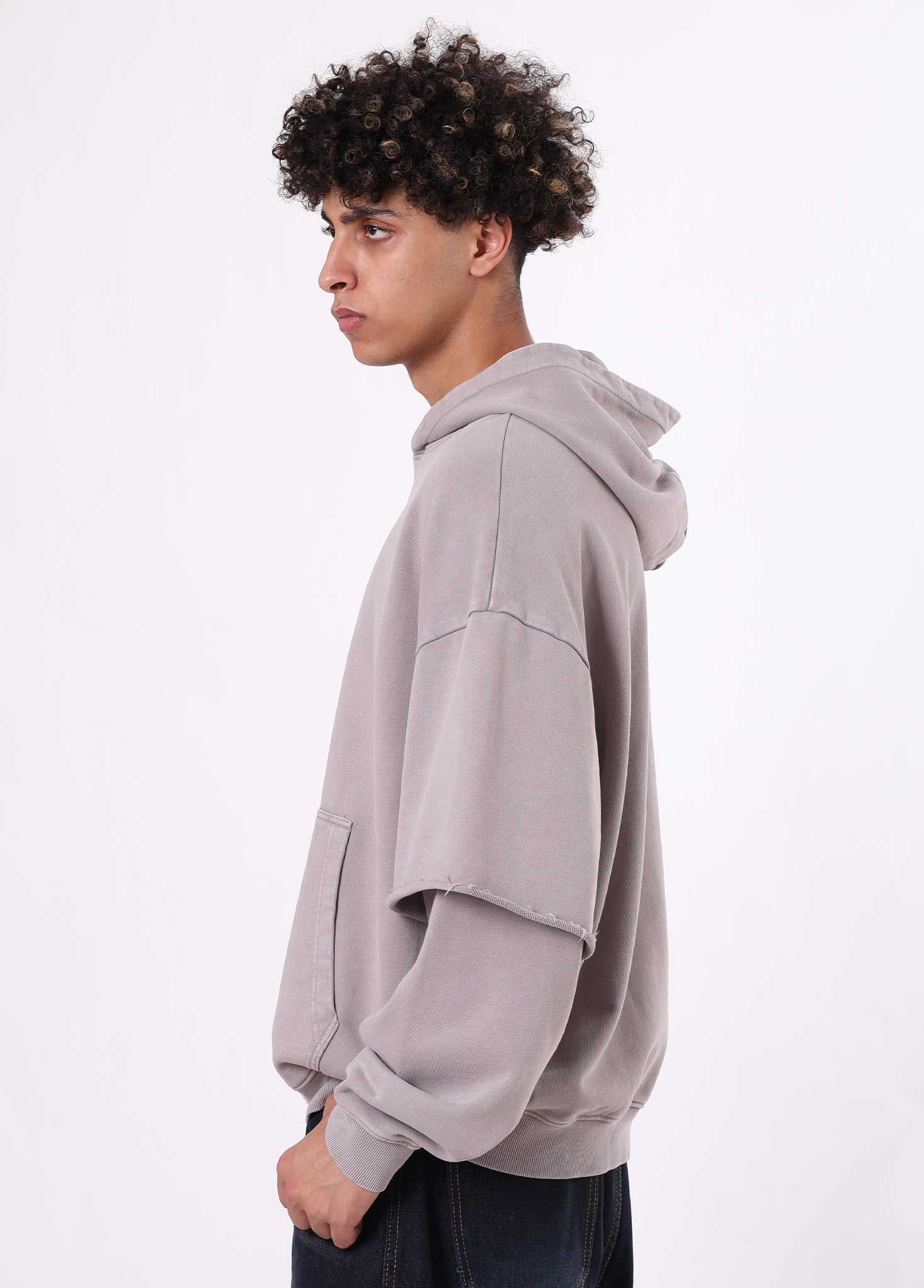 Mock Two-Piece Raw Sleeve Edge Hoodie