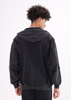 Patchwork Frayed Edge Zip Up Hoodie