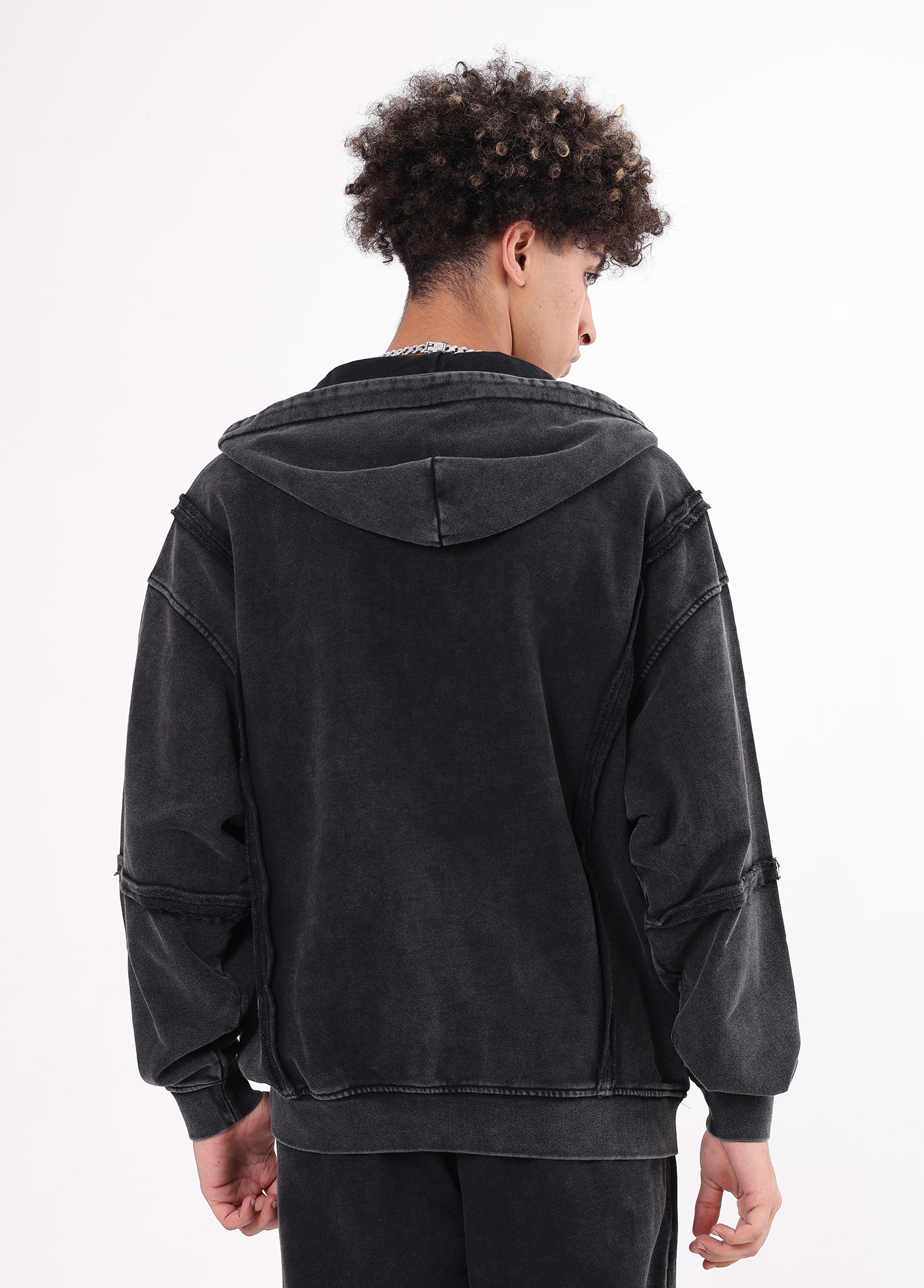 Patchwork Frayed Edge Zip Up Hoodie