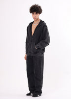 Patchwork Frayed Edge Zip Up Hoodie