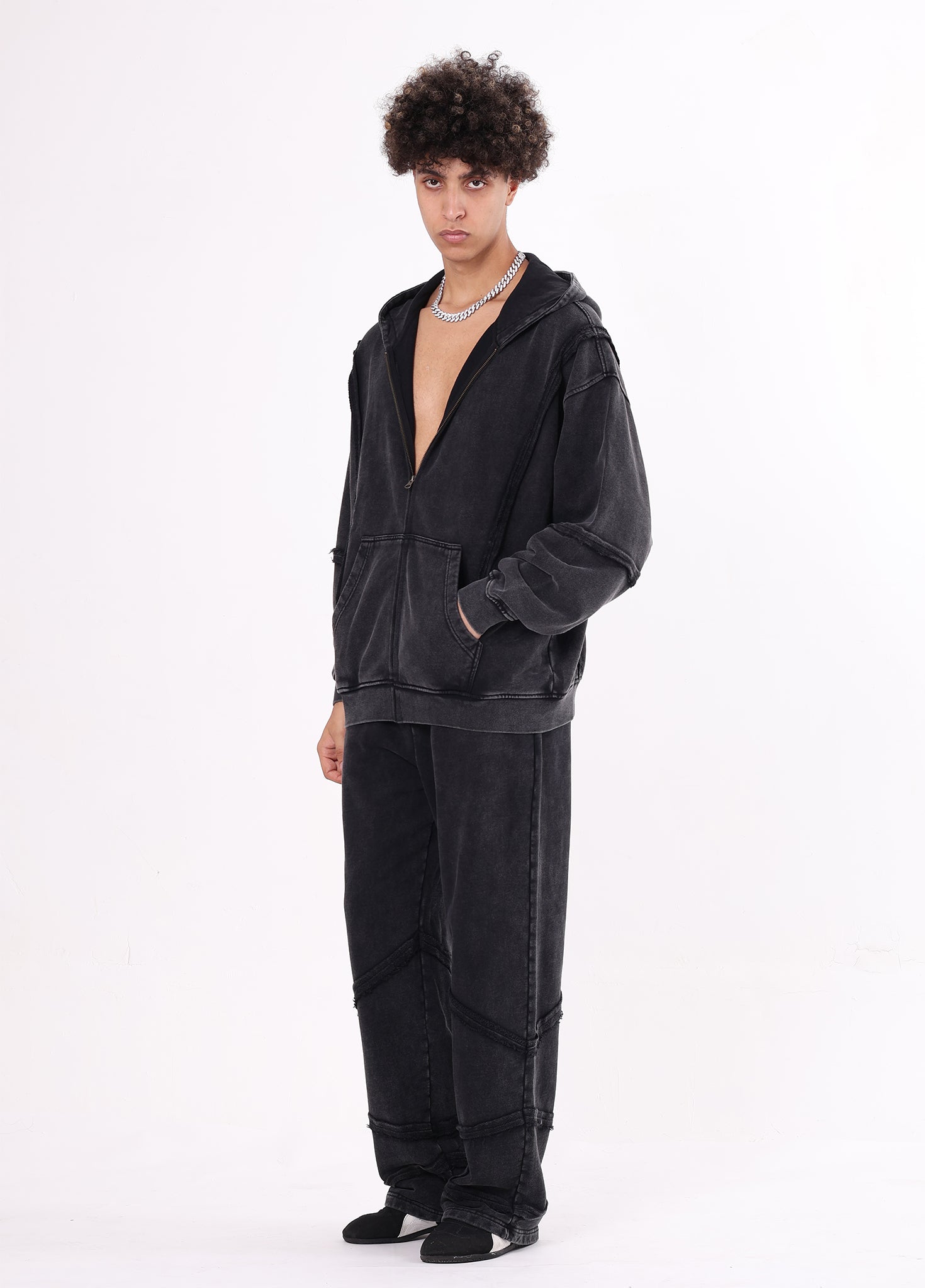 Patchwork Frayed Edge Zip Up Hoodie