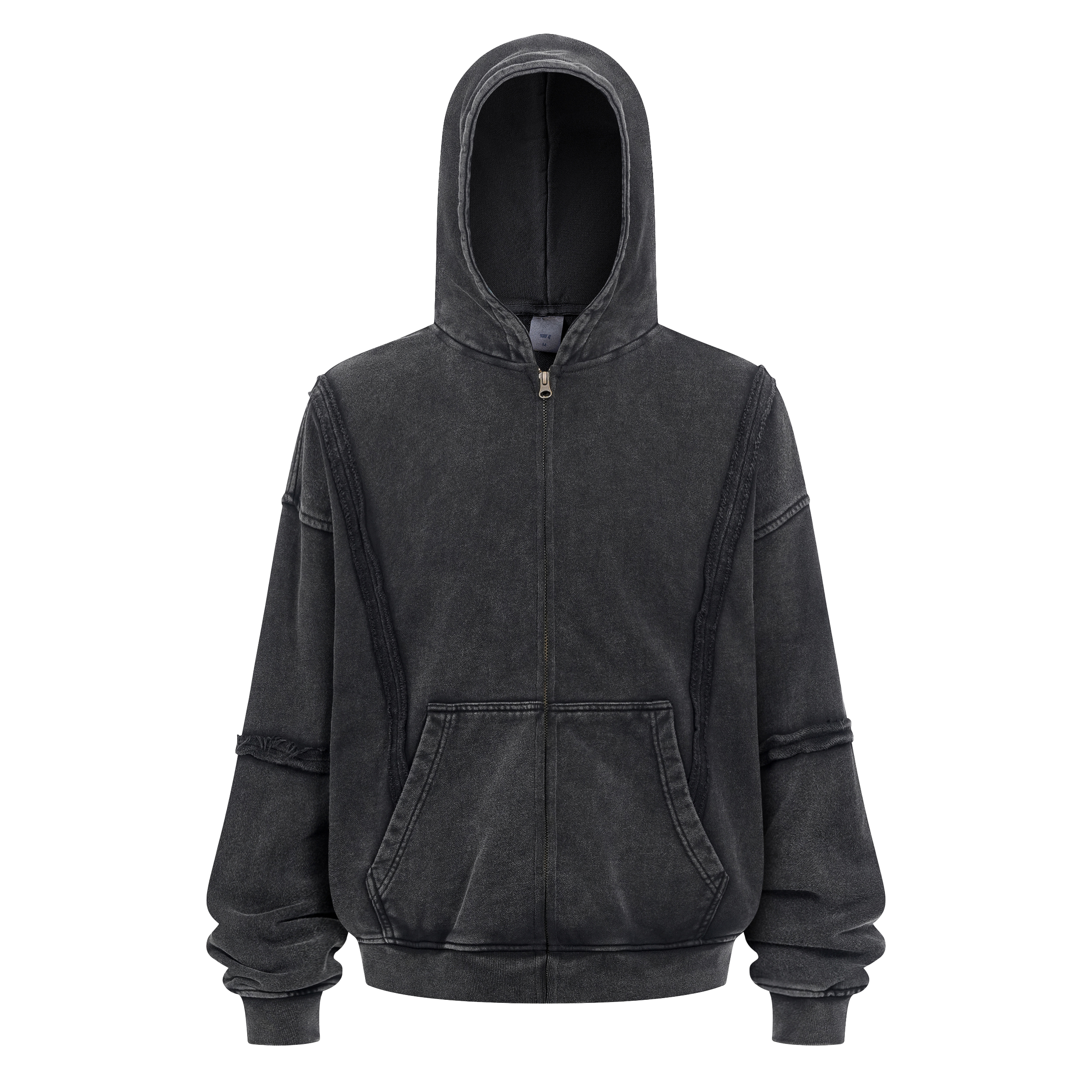 Patchwork Frayed Edge Zip Up Hoodie