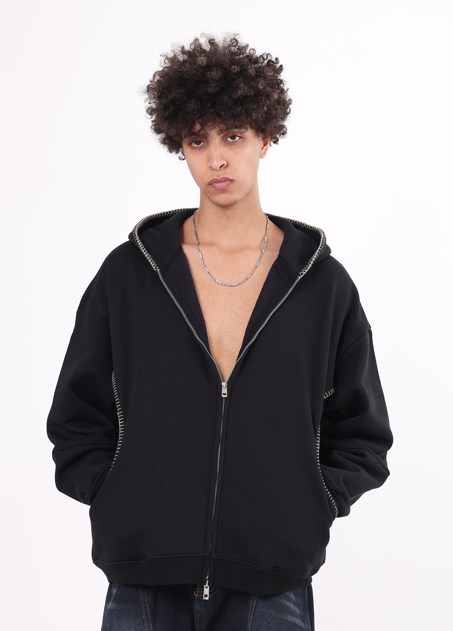 Overlock Embroidery Zip-up Hoodie